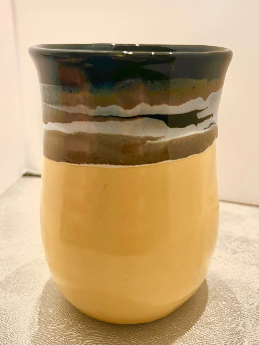 Studio Art Pottery Signed Neber Stoneware Mug Yellow/Black/ Watchman Grip Handle